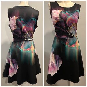 Source Unknown Black Midi Dress with Teal, Pink & Purple Floral Print